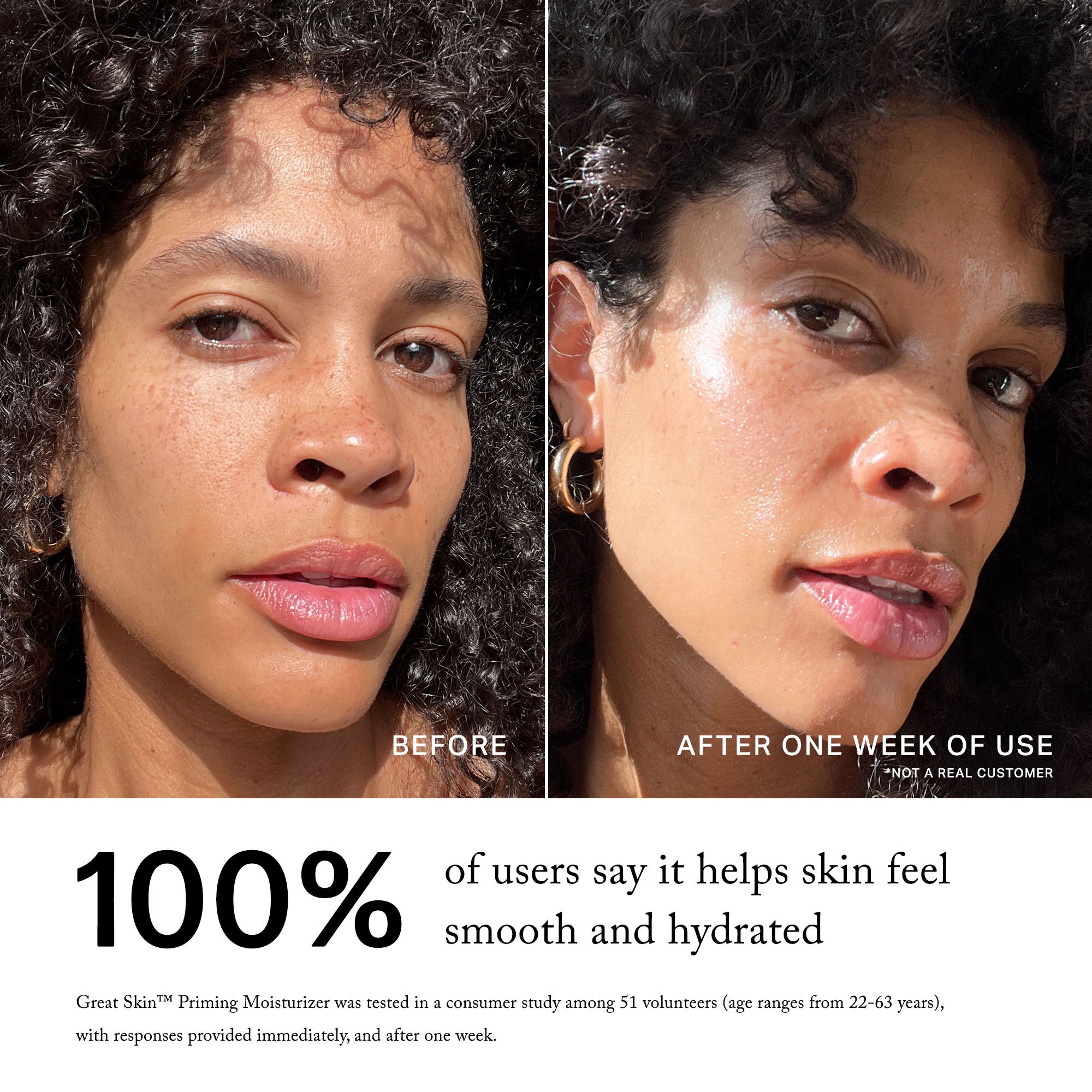 Master || Before, After one week, 100% of users say it helps skin feel smooth and hydrated, Great Skin Moisturizer was tested in a consumer study among 51 volunteers (age ranges from 22-63 years), with responses provided immediately, after eight hours of wear, and after one week.