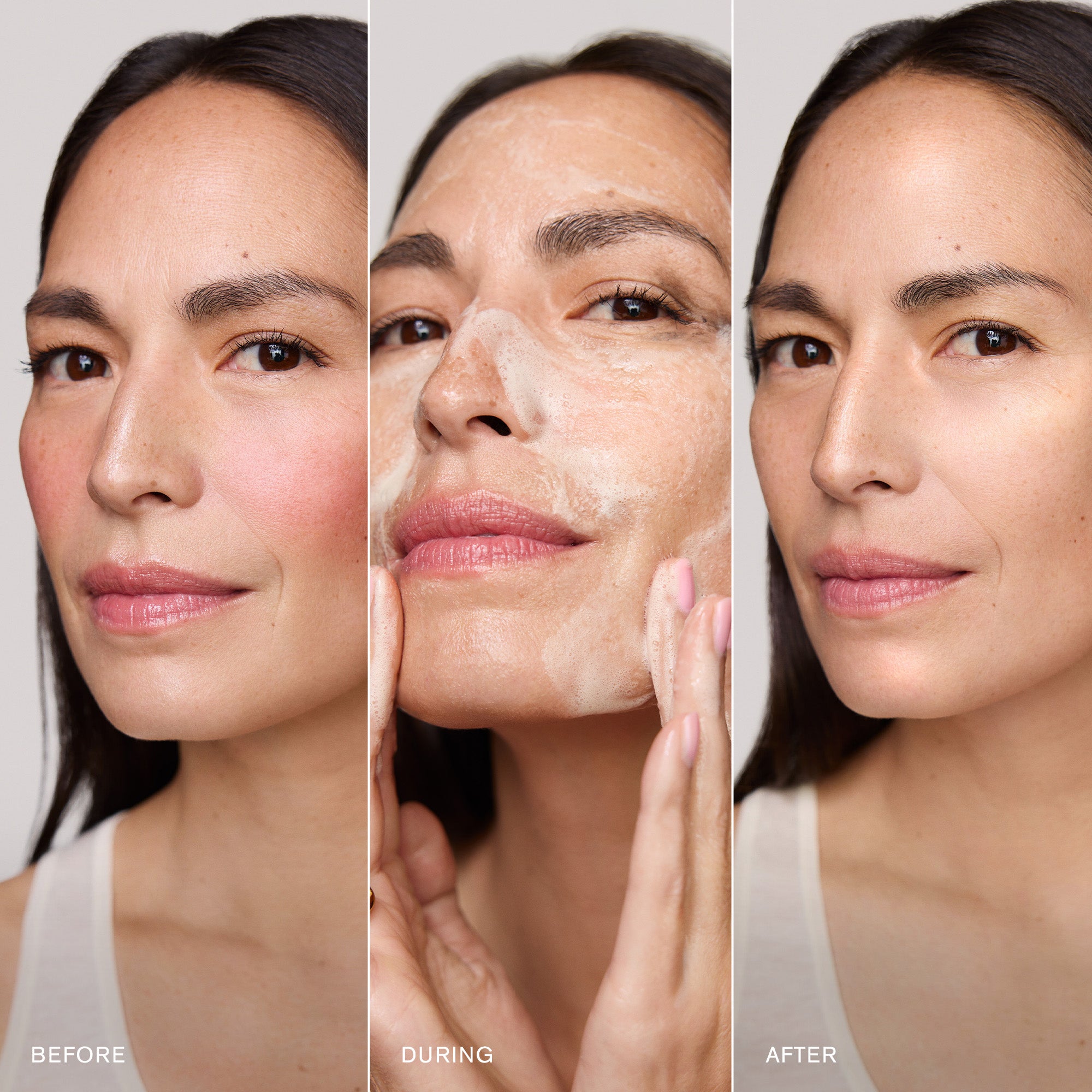Master || Before, during, and after Great Skin Double application on model's face. Showing removal of makeup.