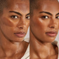 Master ||  Image of Leo Bronze Balm on Model before and after product is blended in.