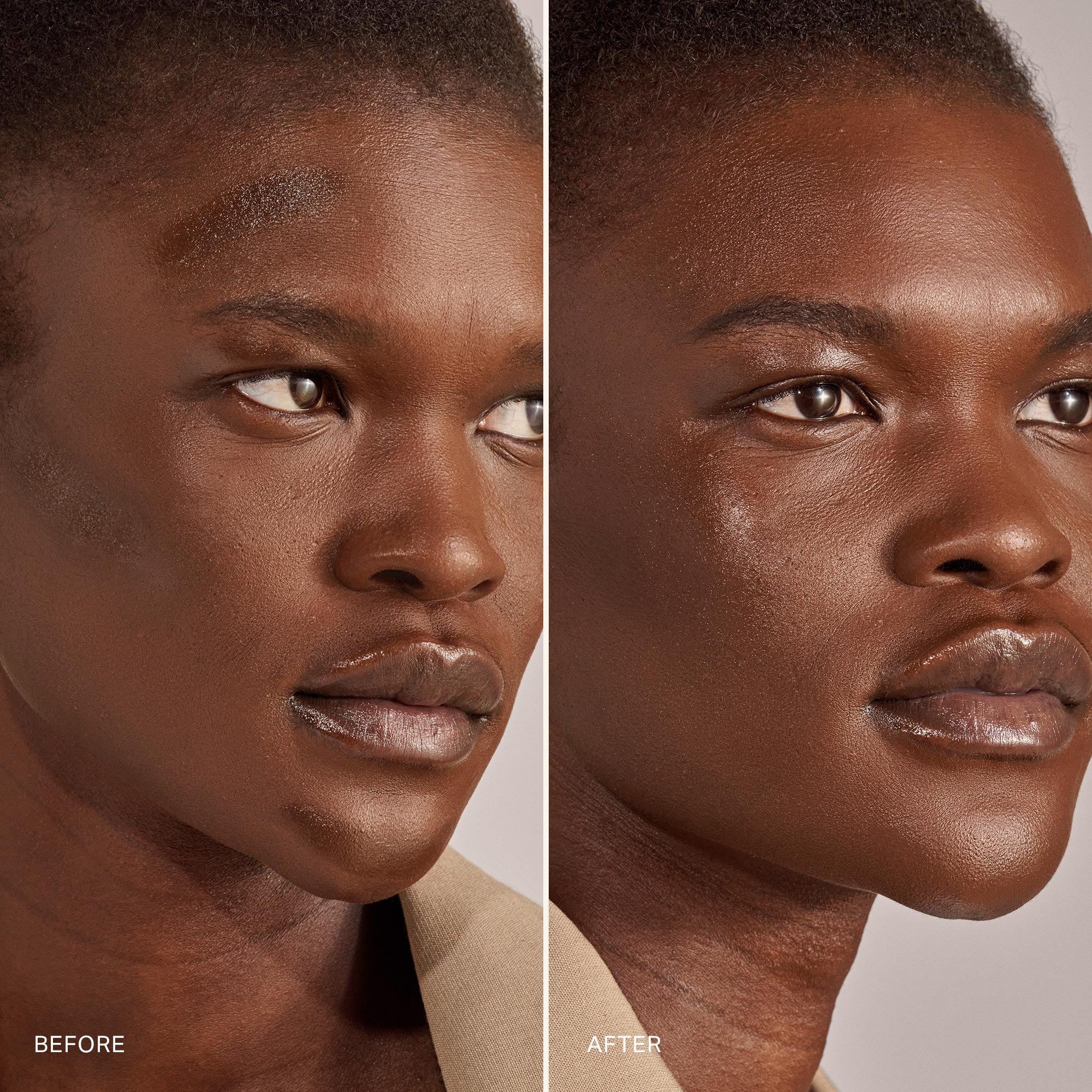 Monarch | | Image of Monarch Bronze Balm on Model before and after product is blended in.