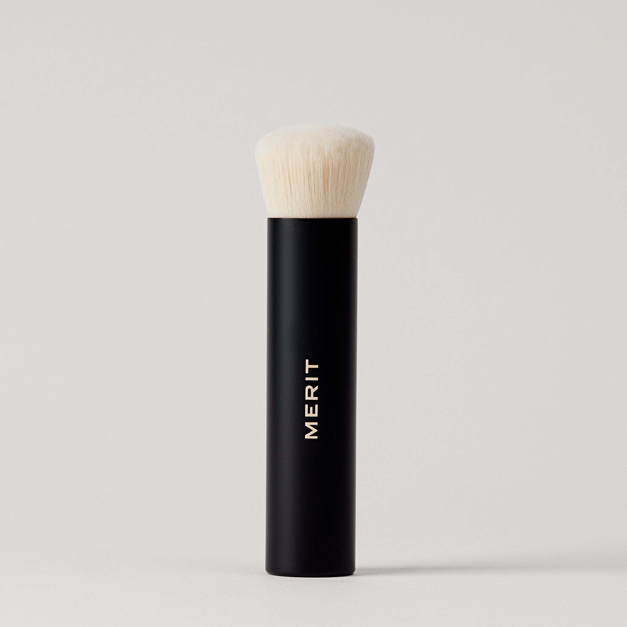 Master || A black makeup brush with a white bristle head, standing upright.